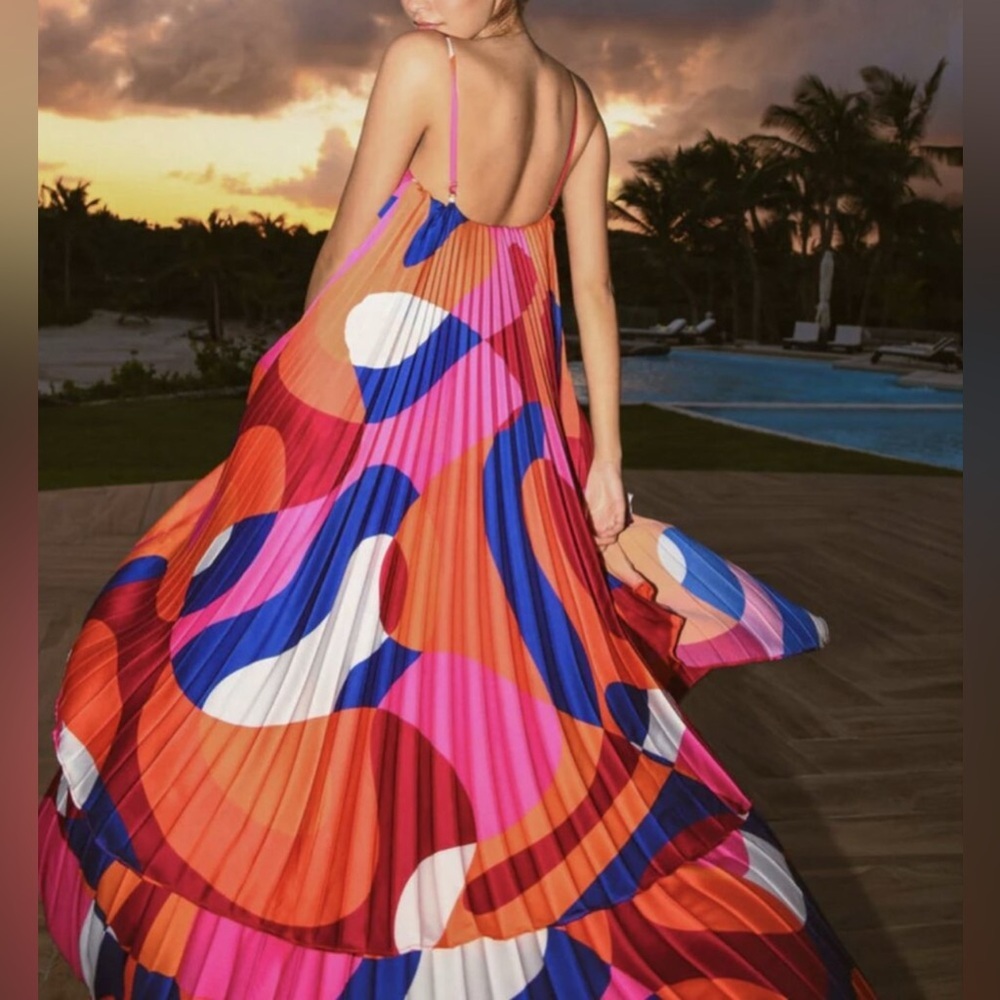 Anthropologie Hutch Design Zane High-Low Accordion Pleated Satin Dress - Picture 2 of 4